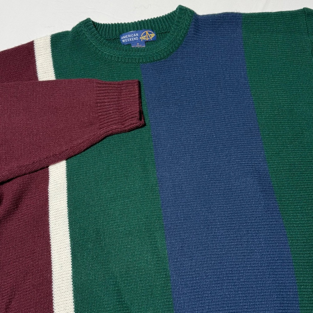 Vintage American Weekend Knit Sweater Men's Size Medium Color Block Crew Neck‎
